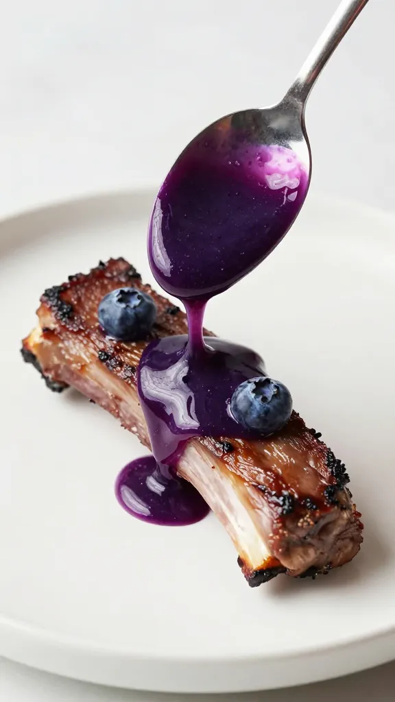 spoon drizzling blueberry-lavender sauce over single rib