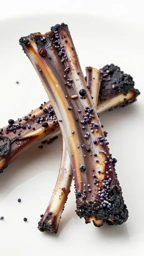 charred rib with blueberry seeds and lavender flecks