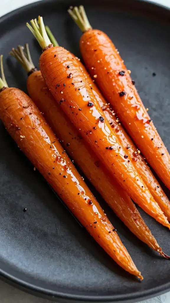 closeup roasted carrots glazed with maple-sriracha on black plate