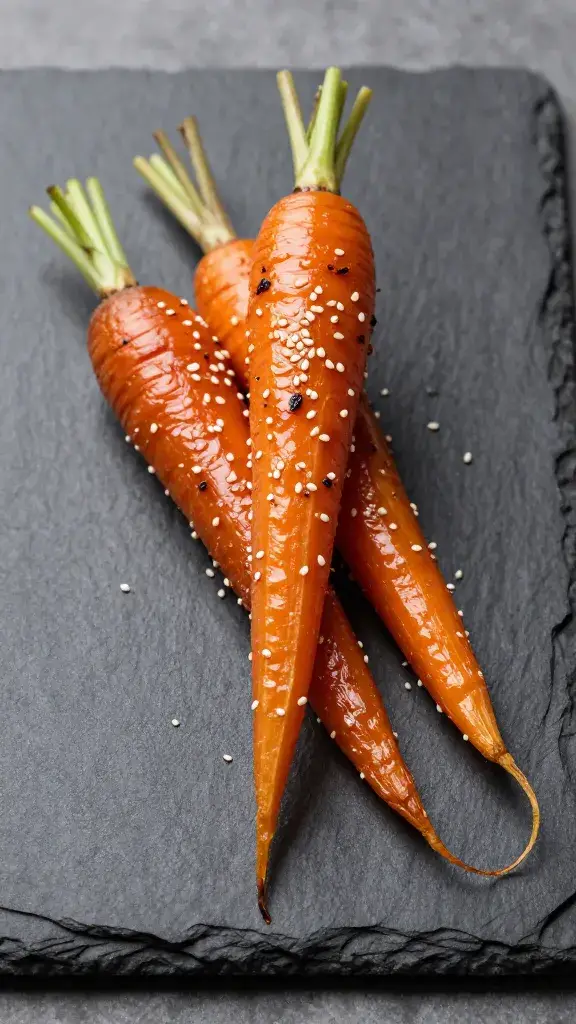 caramelized roasted carrot with sesame seeds on slate board