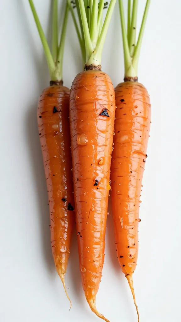roasted heirloom carrot with charred edges, sticky glaze sheen