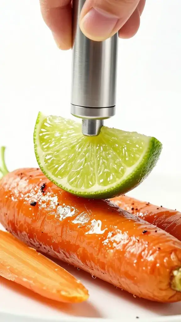 lime wedge squeezing over glazed roasted carrot closeup