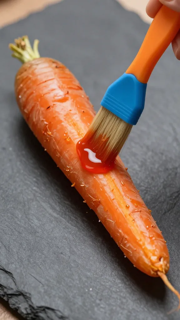 silicone brush painting maple-sriracha onto lone roasted carrot