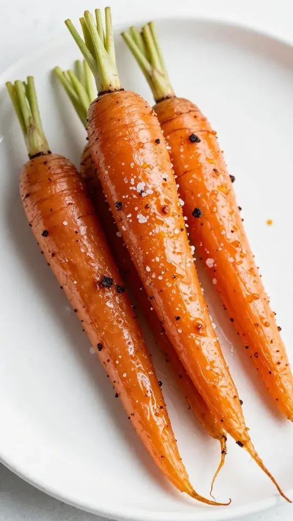roasted carrot sprinkled with flaky salt, glossy maple heat