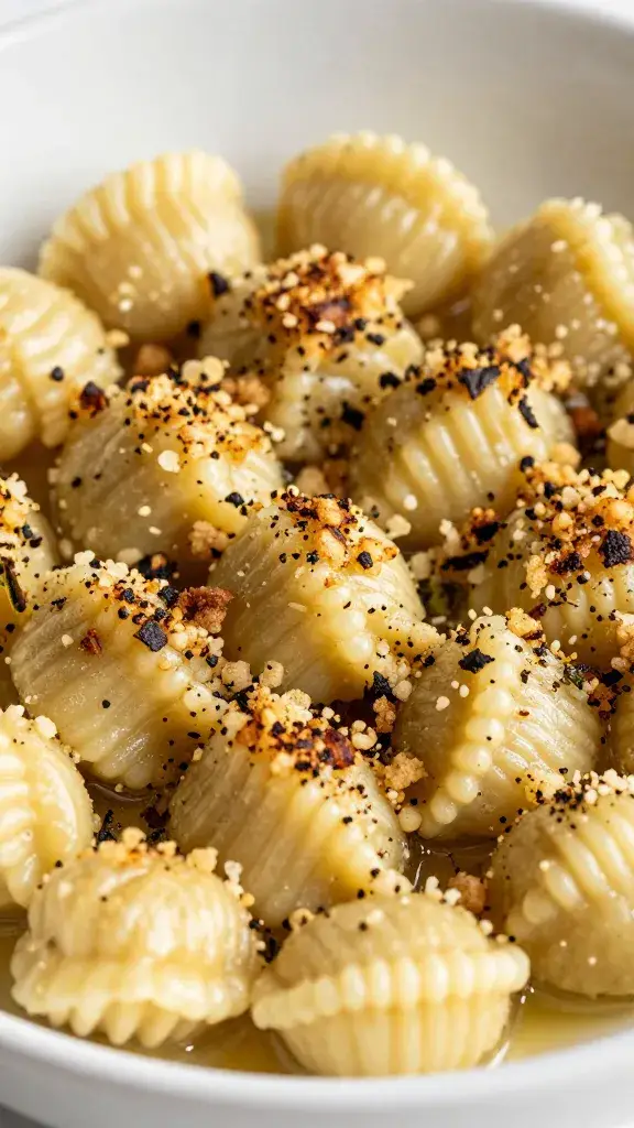 closeup bowl of gnocchi with burnt-butter sage crumble