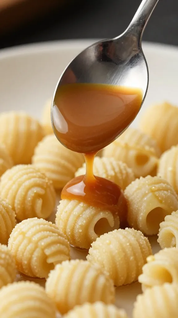 spoon drizzling brown butter over gnocchi, macro shot