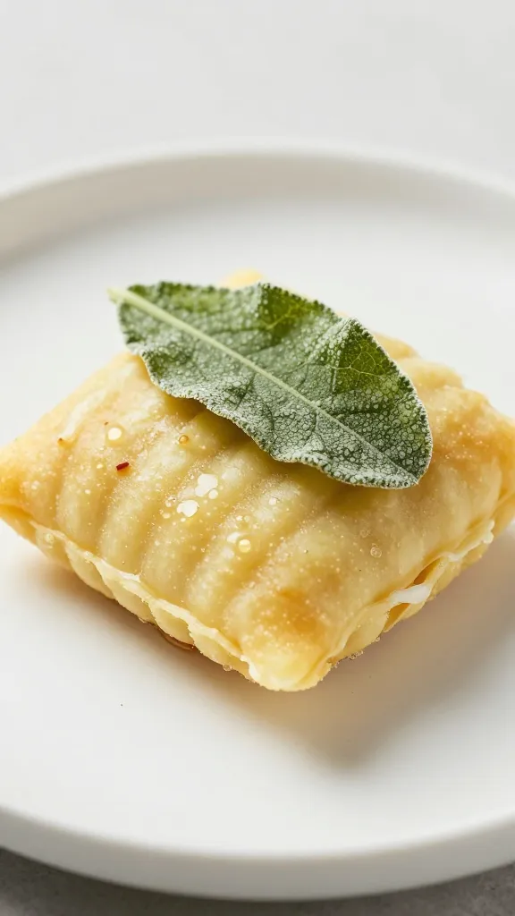 crispy sage leaf on gnocchi pillow, shallow depth