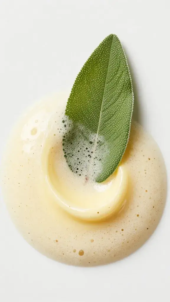 browned butter foam swirling around single sage leaf