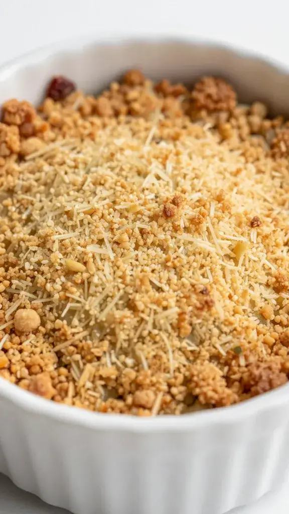 browned breadcrumb-sage crumble in small ramekin, closeup
