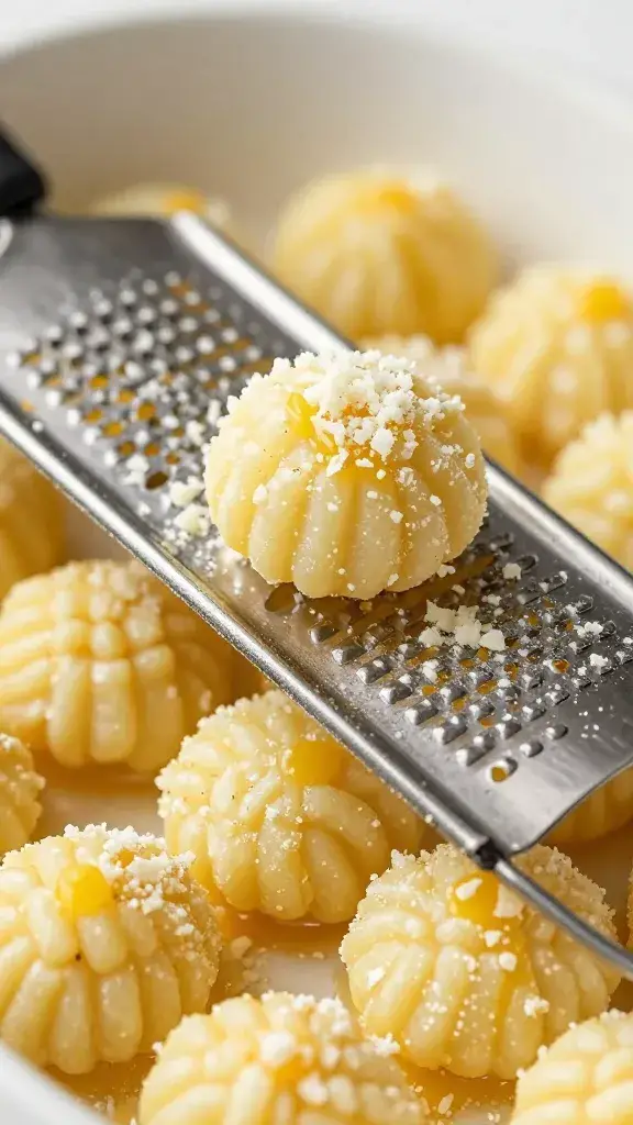 microplane grating parmesan over brown-butter gnocchi, closeup