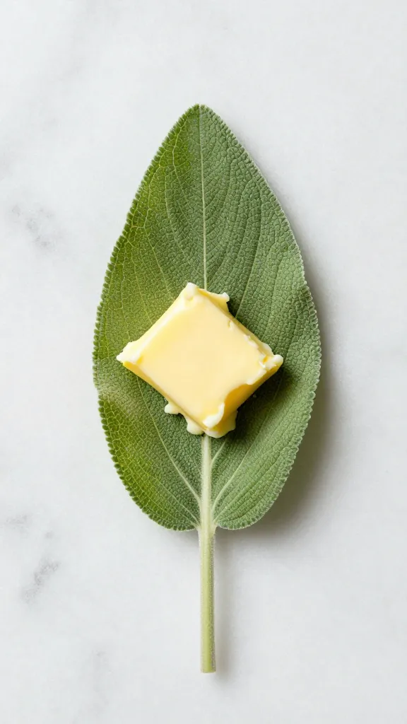 single sage leaf fried in butter on marble surface