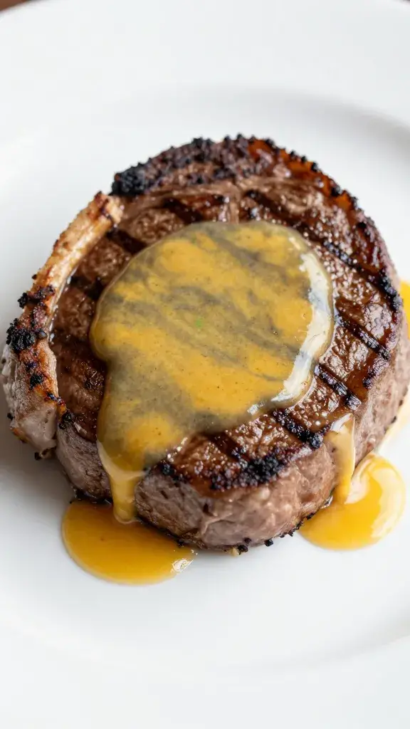 Closeup ham steak with Champagne Dijon reduction on white plate