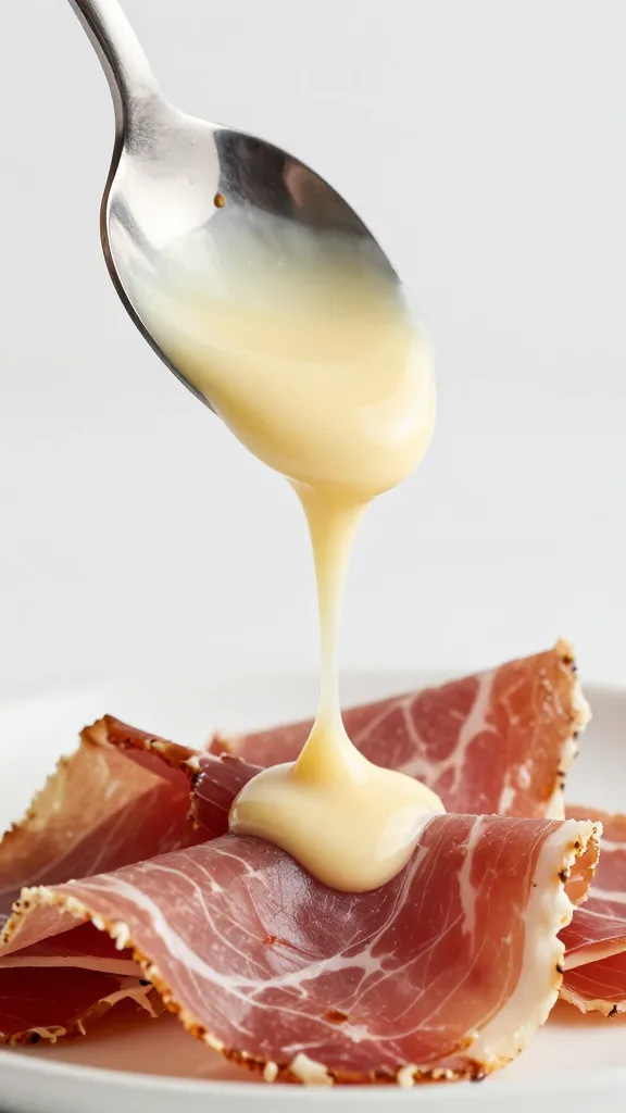 Glossy spoon drizzling Champagne Dijon sauce over ham