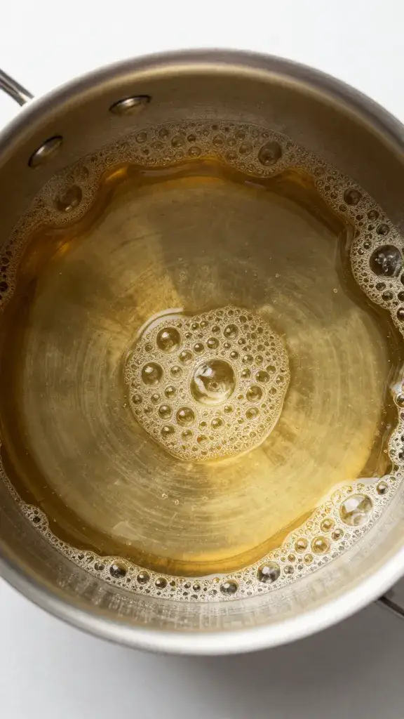 Small saucepan of Champagne Dijon reduction, silky and bubbling