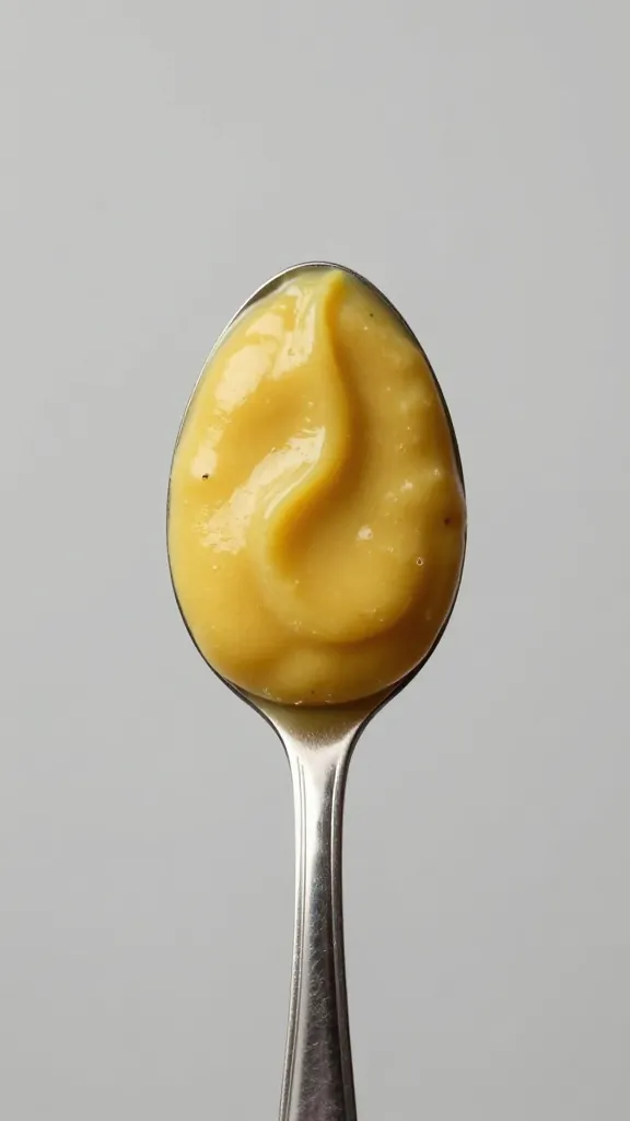 Dijon mustard dollop on stainless spoon, studio lighting
