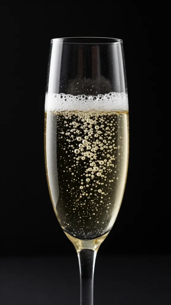 Champagne flute, tiny bubbles rising, black background