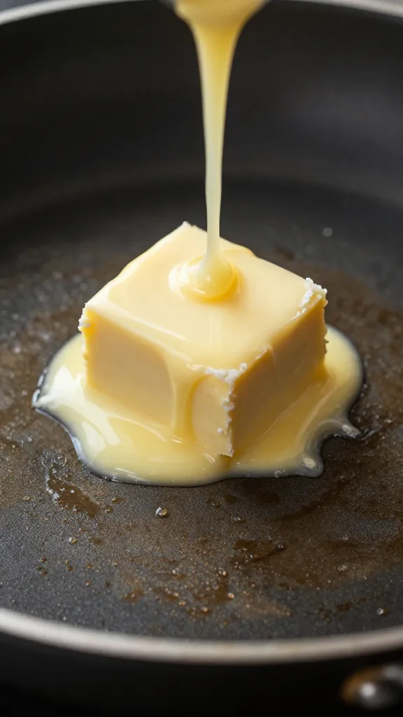 Pat of melting butter on hot skillet surface