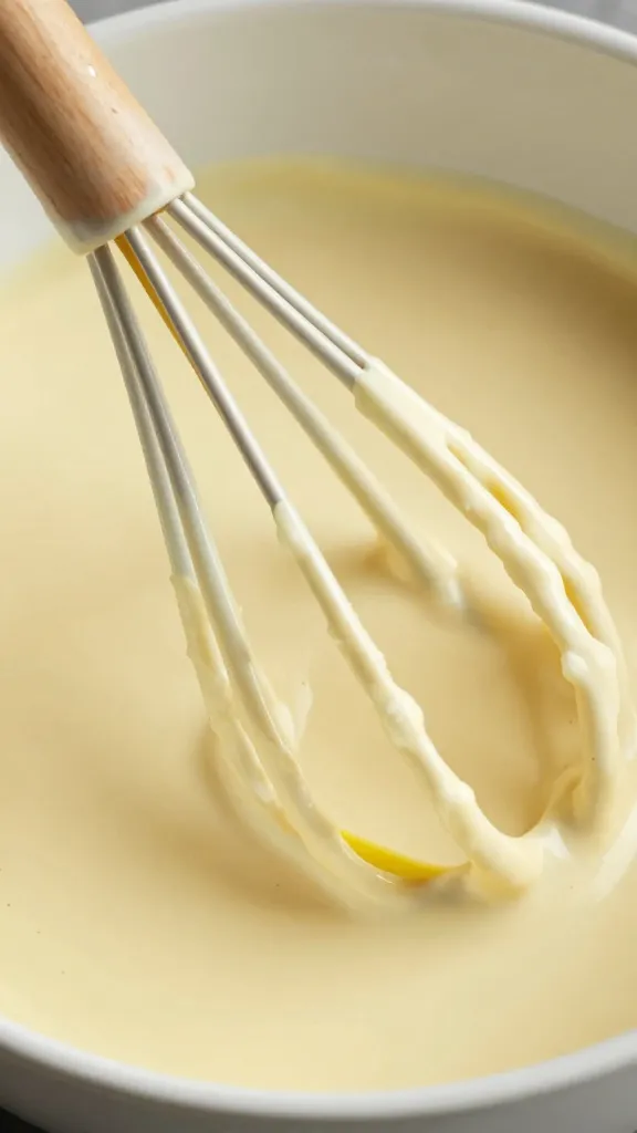 Whisk coated in glossy Champagne Dijon sauce