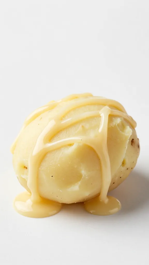 Single mashed potato scoop with Champagne Dijon drizzle