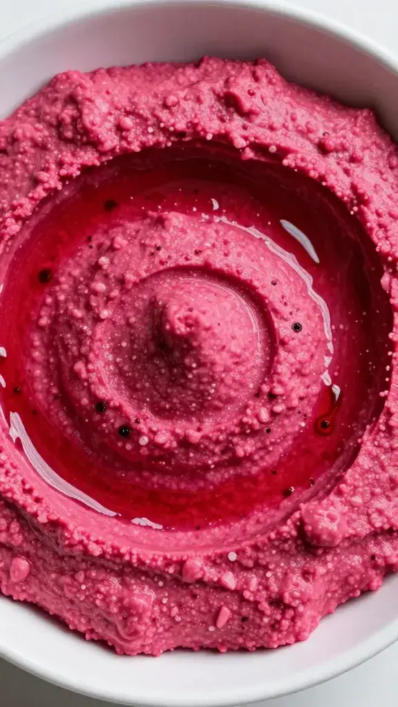 closeup bowl of hot pink beet hummus, olive drizzle