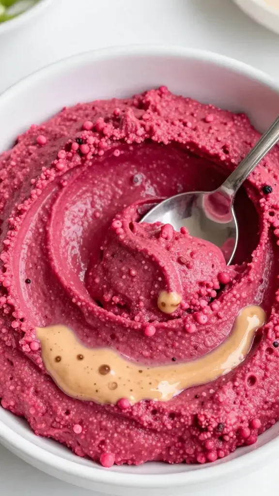 spoonful of beet tahini hummus, macro shot