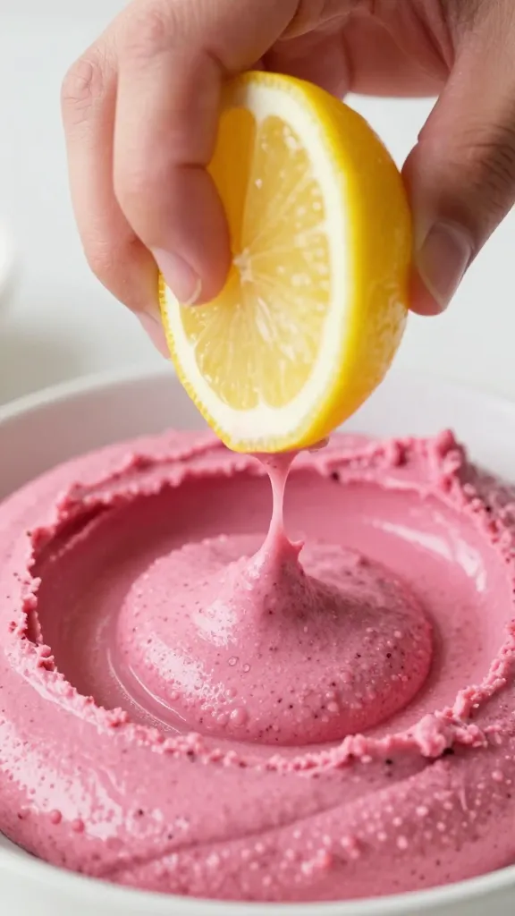 lemon wedge squeezing over pink hummus, closeup