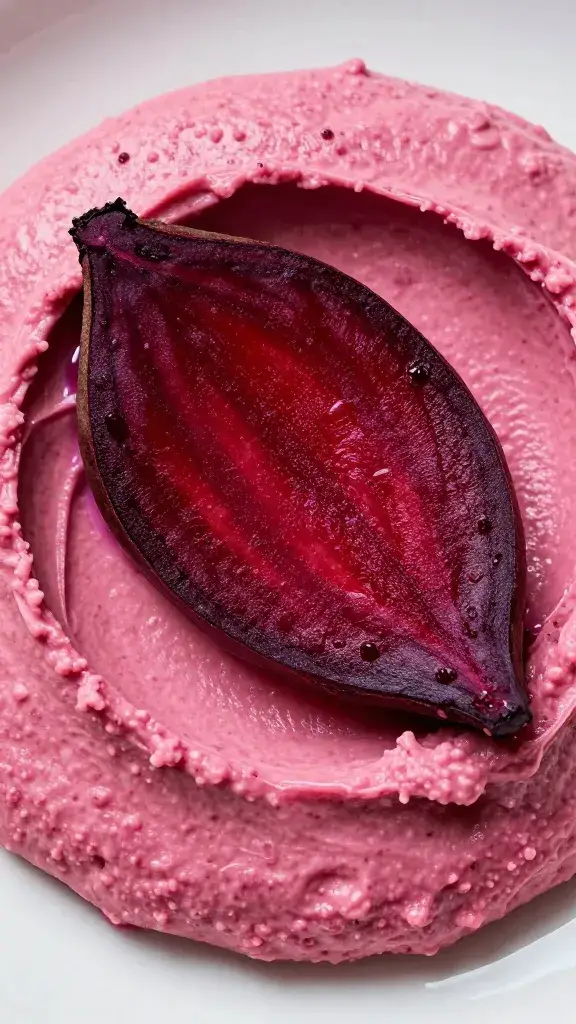 roasted beet slice resting on pink hummus