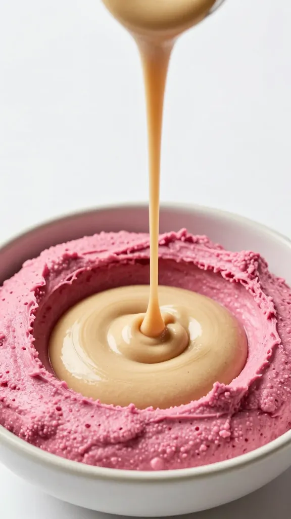 tahini stream pouring into pink hummus bowl