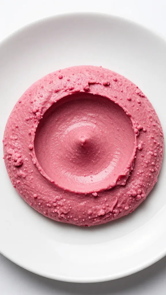 pink hummus smear on white ceramic plate