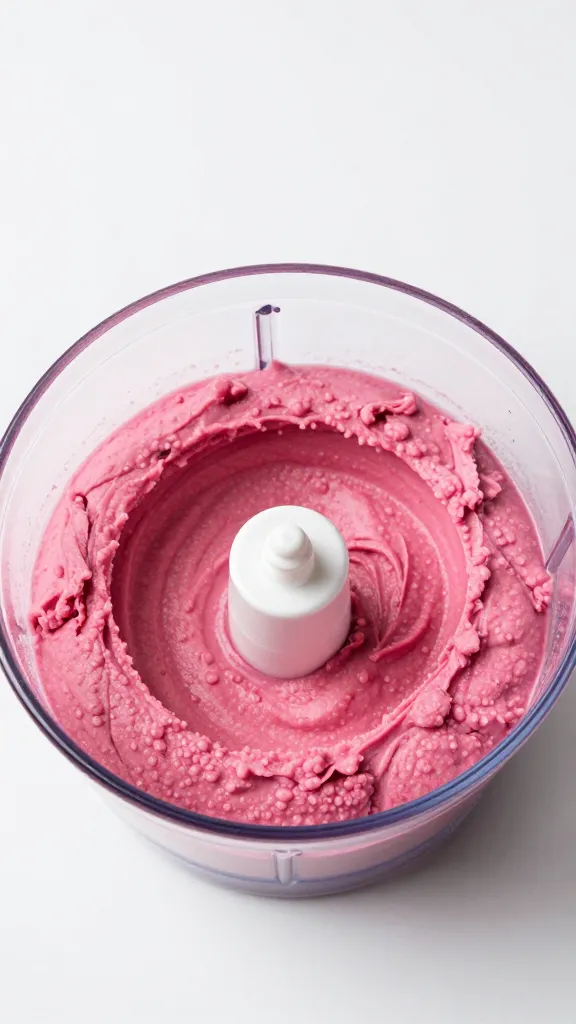food processor bowl with pink hummus, top view