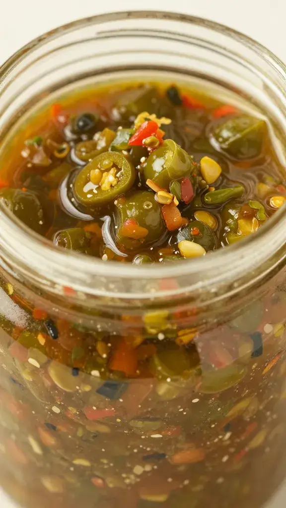 Closeup jar of ramp and green chile salsa