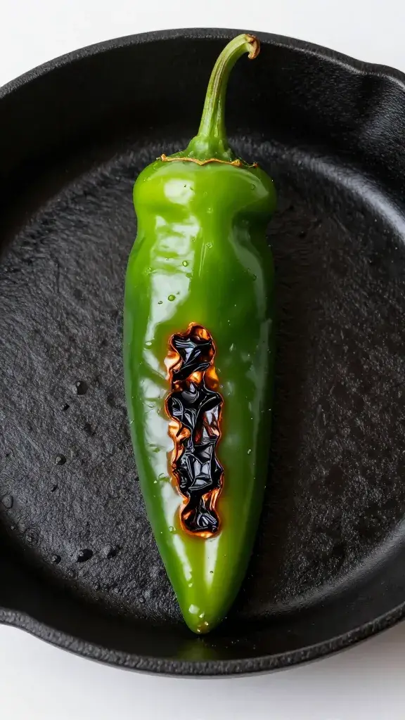 Single charred green chile on black cast iron