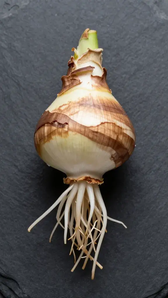 Fresh ramp bulb with roots on dark slate