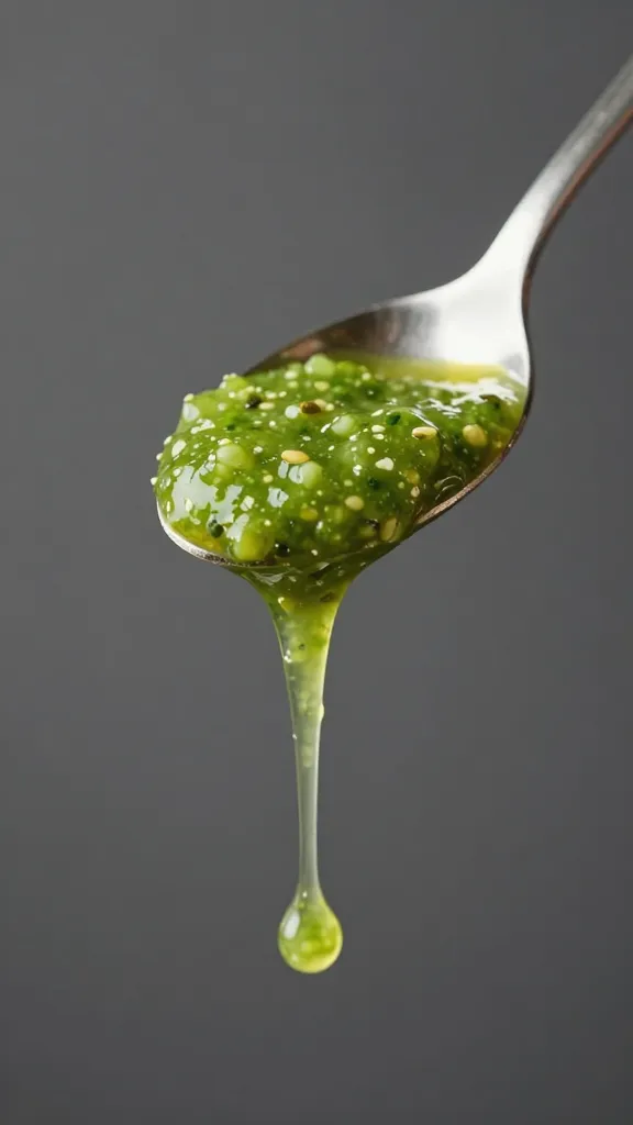 Spoonful of green salsa dripping, studio light