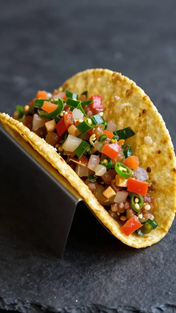 Single taco topped with ramp-chile salsa