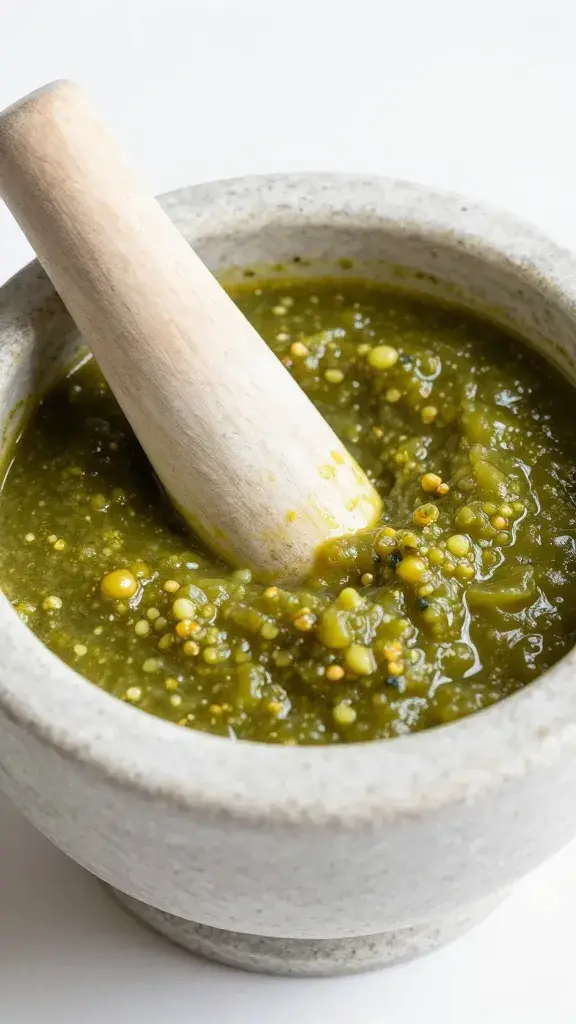 Mortar of green salsa, pestle resting inside