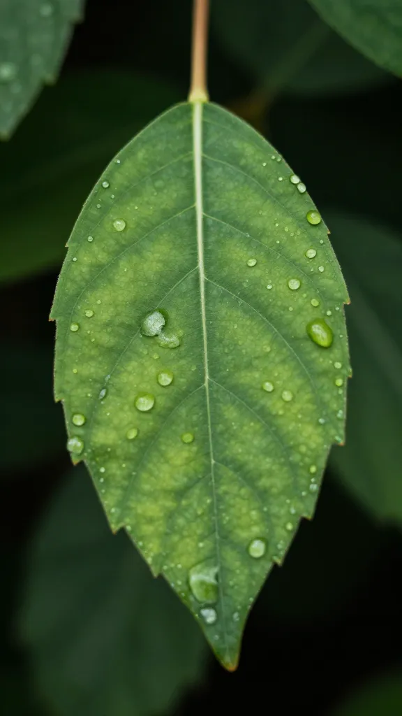 Single ramp leaf with dewdrops, macro shot