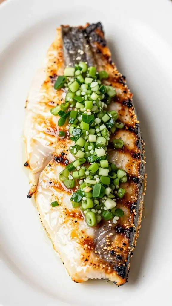 Grilled fish fillet topped with green salsa