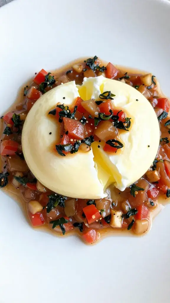 Poached egg crowned with ramp-chile salsa