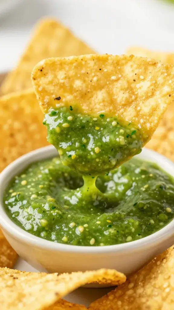 Tortilla chip dipped in green salsa, closeup