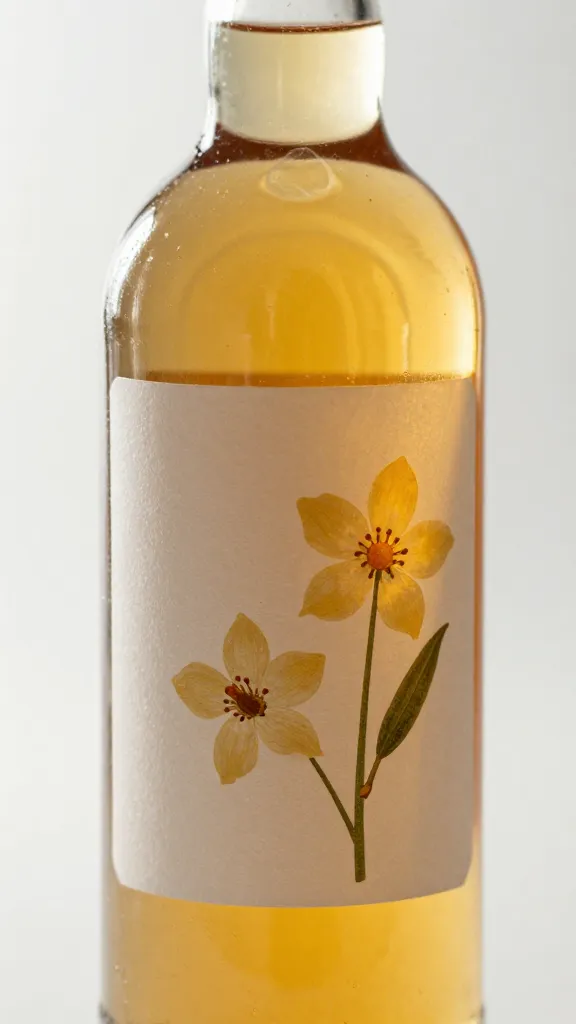 closeup bottle of cardamom orange blossom syrup, backlit