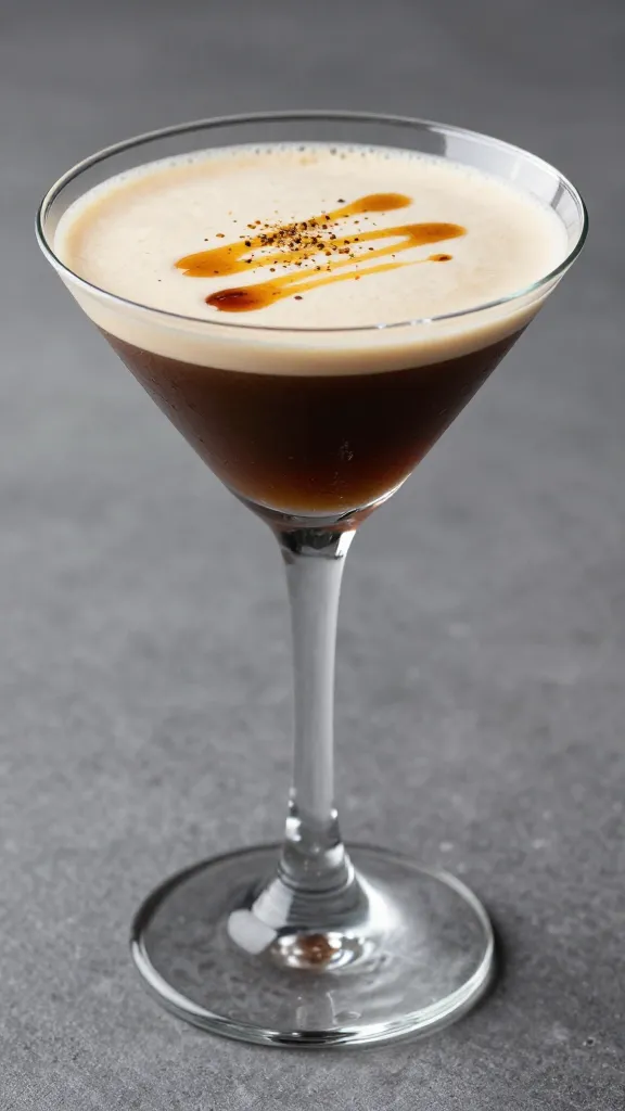 espresso martini drizzled with cardamom syrup, macro shot