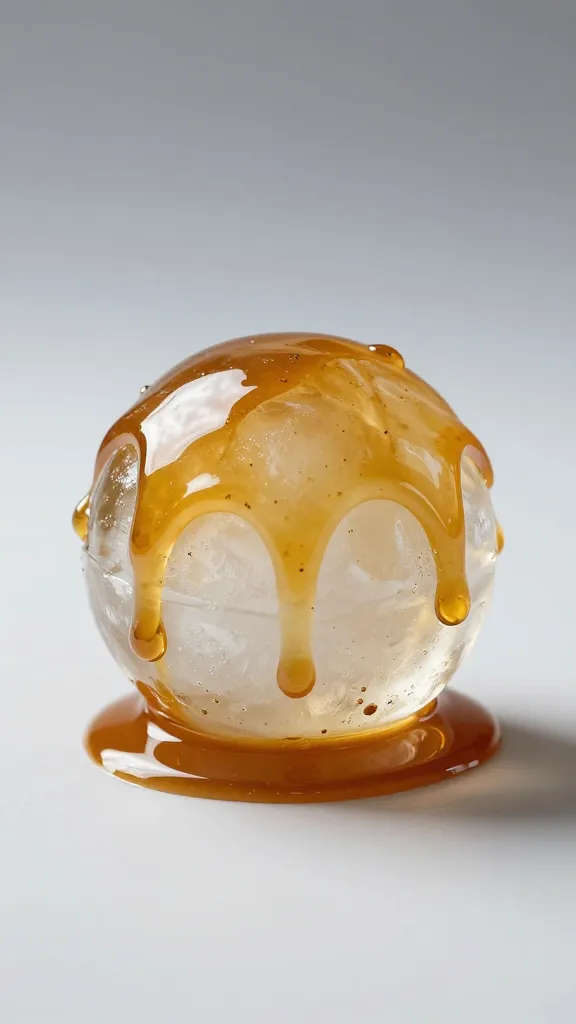 single ice sphere glazed with cardamom syrup, studio light