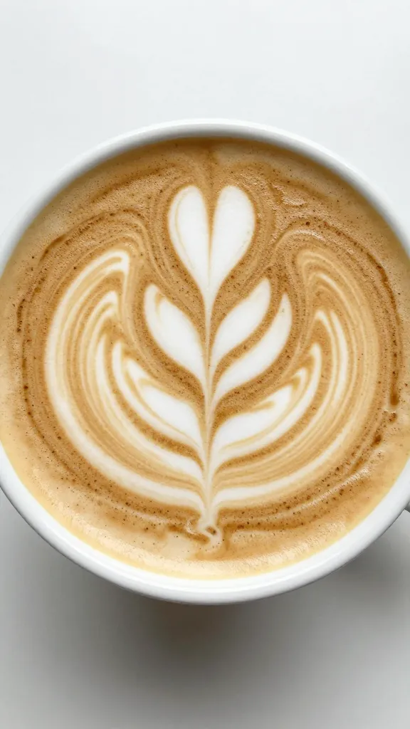 latte art tulip with cardamom syrup sheen, top-down