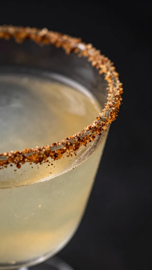 single cocktail rim dusted with cardamom sugar, macro