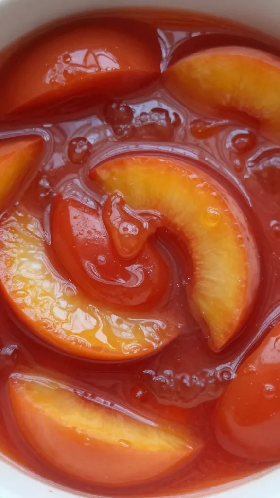 closeup bowl of tomato-peach baptism glaze, glossy swirl