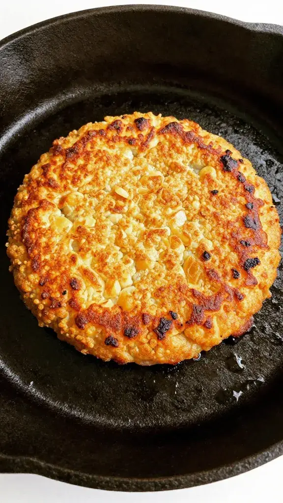 single golden hash brown patty, craggy edges, cast-iron