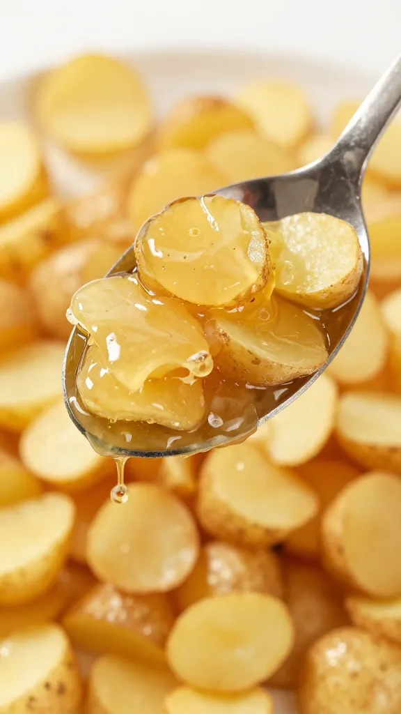 spoonful of sticky glaze over crisp potato shard