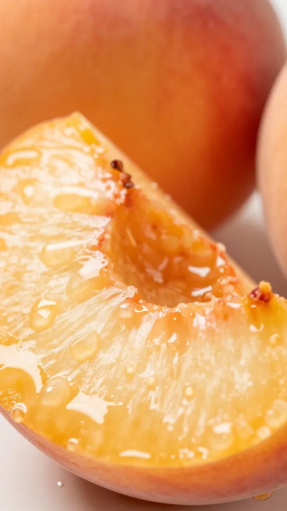macro shot of peach slice coated in glaze