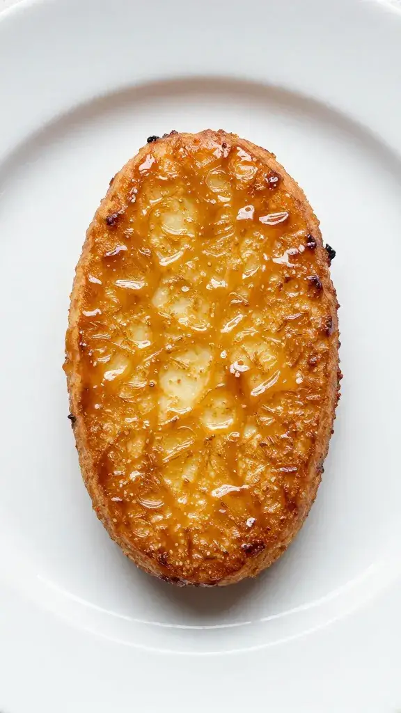 white plate with one glazed hash brown, overhead